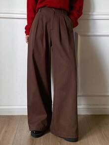 DAZY 女士宽松阔腿裤，休闲街头风，秋冬款 - 棕色 - 查看 5