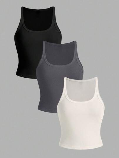 Slaydiva 3 件套加大码女式黑色、深灰色、浅杏色紧身休闲吊带背心，适合夏季