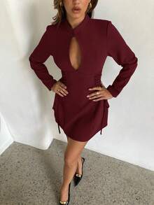 Aloruh Women's Autumn/Winter New Coffee Brown Cheongsam Collar Hollow Out Mini Dress With Side Waist Criss-Cross Tie A-Line - Burgundy - View 6