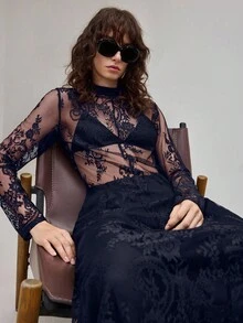 Ontre Women's Black Lace Bodycon Dress, Suitable For Urban Commute, Business Casual, Elegant Party, Wedding Guest, Vacation Wear - Navy Blue - View 3