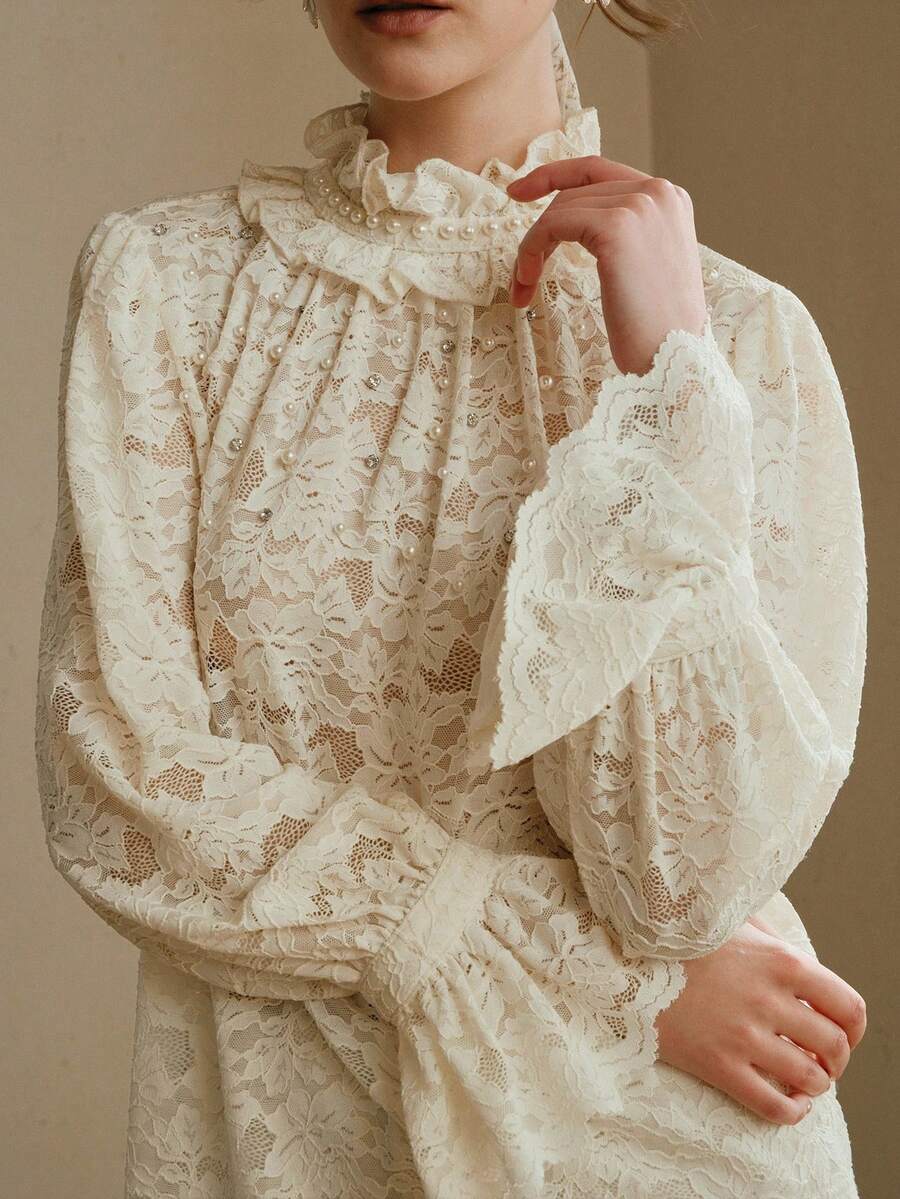 Anewsta Elegant Lace Flower Beaded Ruffle Trim Mock Neck Flare Sleeve Blouse For Women - Apricot - View 1