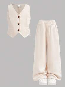 Firerie Kids 两件套女童杏色亚麻质感西装背心+宽松直筒裤，百搭通勤都市女孩时尚套装，可爱休闲日常装 - 杏色 - 查看 11