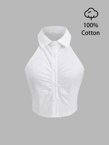 Sweetra Women's White 100% Cotton Sleeveless Ruched Front Cropped Casual Shirt, Summer - White - View 1