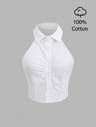 Sweetra Camisa casual de verano sin mangas, 100% algodón blanco, con fruncido delantero, para mujer