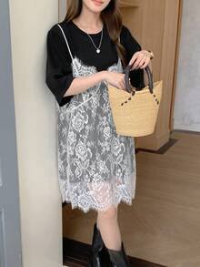 DAZY 女士蕾丝拼接二合一短袖连衣裙，休闲女士复活节连衣裙 - 黑與白 - 查看 7