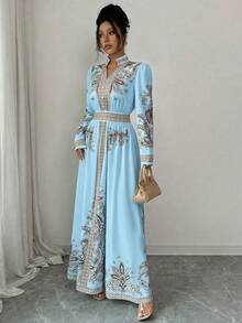 Rafferiza 复古印花V领灯笼袖荷叶边下摆连衣裙，适合度假和宫廷风格女性 - 淺藍色 - 查看 5