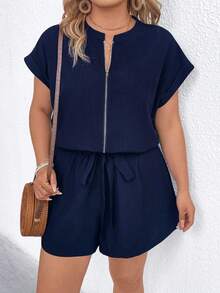 EMERY ROSE Stor storlek vävd elegant sommarjumpsuit för kvinnor - Marinblå - Visa 5