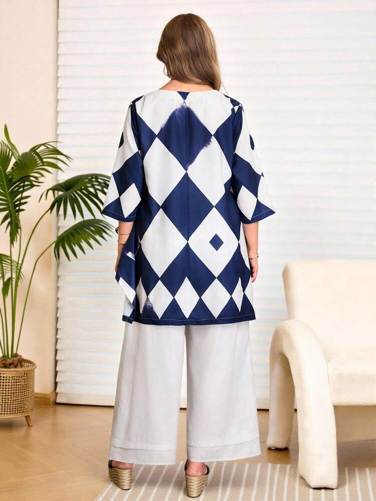 Plus Size Women's Casual Vacation Style Diamond Print 3/4 Sleeve Loose Top And Wide Leg Pants 2 Piece Set, Spring/Summer/Autumn Modest Two Piece Set 2 Piece Casual Sets Woman Vacation