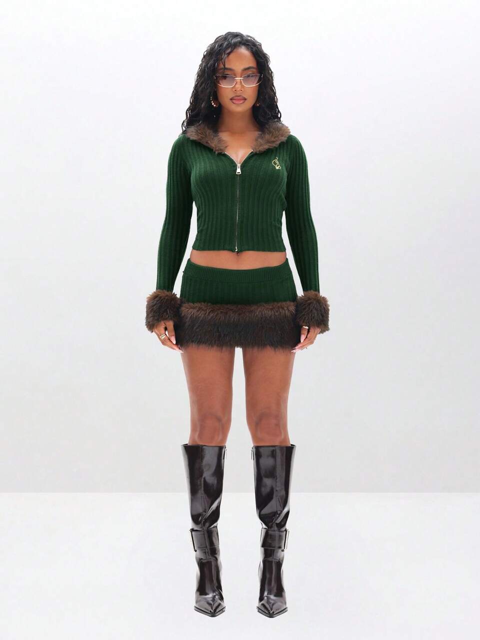 BABYPHAT Ribbed Knit Cardigan With Fur Trim Hood And Cuffs Zip Front Long Sleeve Fall Winter Cozy Outerwear
