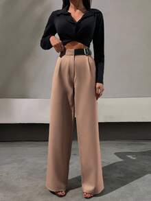 SHEIN Tall Elegant Style, Half Faux Leather Belt Detailed Straight Fit Pant - Camel - View 3