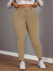 Slaydiva Plus Size Women Cowgirl Style Elastic Waist Blue Punk Jeans With Side Rivet Details, Autumn - Khaki - View 6