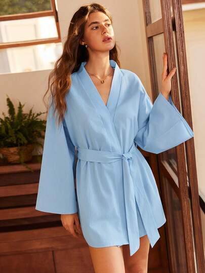 Women's Bohemian Casual Vacation Loose Comfortable Woven Tie-Front Flare Sleeve Long Sleeve Robe, Blue