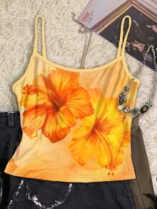 SHEIN EZwear 女士度假风印花露脐吊带背心 - 黃色 - 查看 8