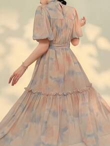 DAZY High Neck Puff Sleeve Midi Dress For Women, Vacation - Apricot - View 2