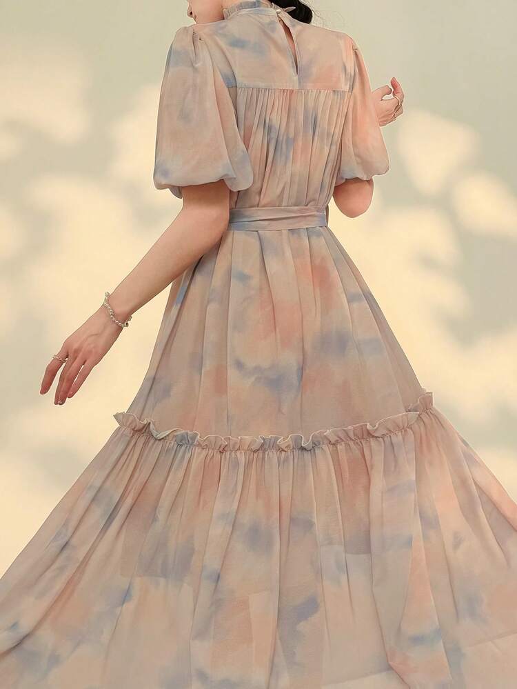 High Neck Puff Sleeve Midi Dress For Women, Vacation Sundress