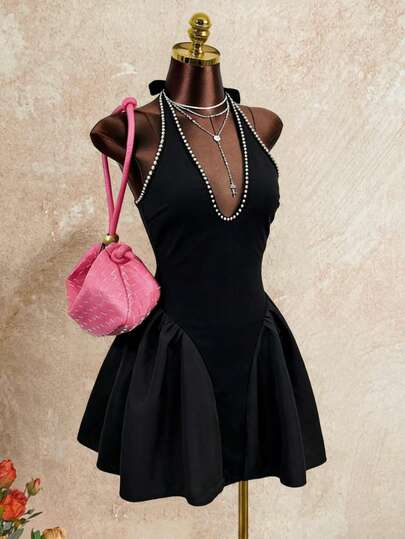 Xyvia Women's Spring/Summer New Sexy Clubbing Party Dress, Pearl Trim Halter Neck Tie Design, Versatile For Date, Party, Commute, Black Mini Dress