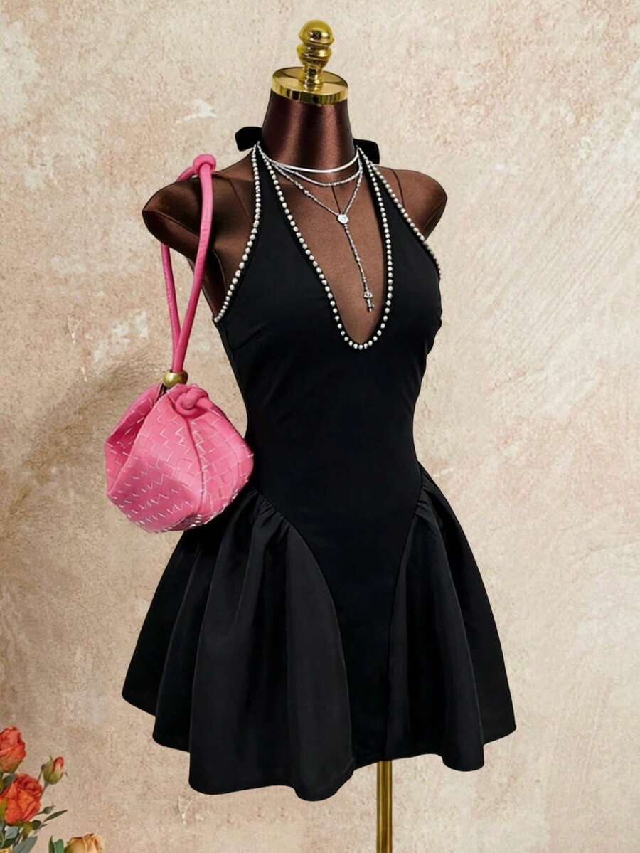 Xyvia Women's Spring/Summer New Sexy Clubbing Party Dress, Pearl Trim Halter Neck Tie Design, Versatile For Date, Party, Commute, Black Mini Dress - Black - View 1