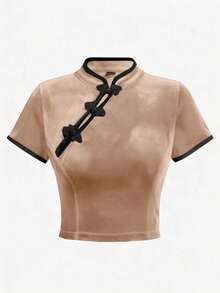 Olithes T-shirt de style chinois de mode pour femmes, de couleur contrastée. Décoré d'un volant raffiné et d'un col montant. T-shirt ajusté minimaliste pour femmes avec col montant. Col mao de style chinois, pour le travail et les fêtes. En velours rouge, pour les fêtes et le Nouvel An - Champagne - Voir 6