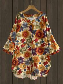 Rusticease Chaqueta casual de vacaciones con estampado floral para tallas grandes - Multicolor - Ver 3