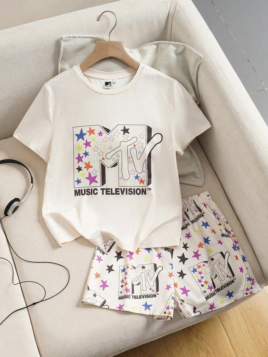 MTV | SHEIN 少女舒适字母图案短袖T恤短裤睡衣套装，夏季 - 杏色 - 查看 1