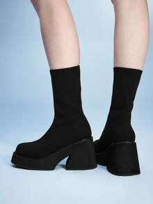 Sugerpunk Women's Embroidered Round Toe Platform Mid-Calf Boots, Fashionable Ankle Boots With Western Style Valentine's Day - Black - View 6