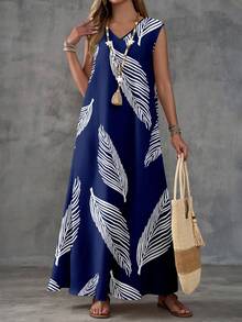 SHEIN LUNE Đầm nữ cổ chữ V không tay in họa tiết cây nhiệt đới - Màu xanh lam - Xem 3