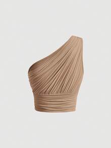 SHEIN MOD Top corto ajustado de un solo hombro con drapeado en rojo - Marrón - Ver 2