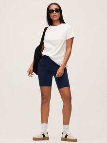 SHEIN BASICS 1件宽腰带运动骑行短裤 - 寶藍色 - 查看 4