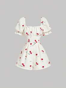 SHEIN MOD 女士优雅樱桃印花泡泡袖连体裤，夏季 - 卡其色 - 查看 5