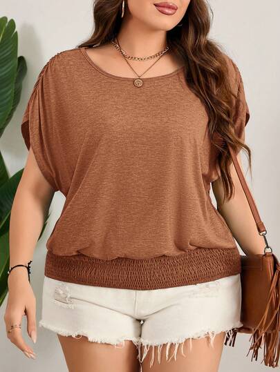 EMERY ROSE Plus Size Colorful Easter T-Shirt, Loose Crew Neck Casual T-Shirt With Hem Cinching, Vacation/Casual Wear Summer Tops Plus Size Women Clothes Valentines Clothes Valentines Plus Size Rust Brown Top Batwing Sleeve Top Plus Size Knit T Shirt Earthy Tops Coffee Brown Top Plus Size Solid Color T-Shirt