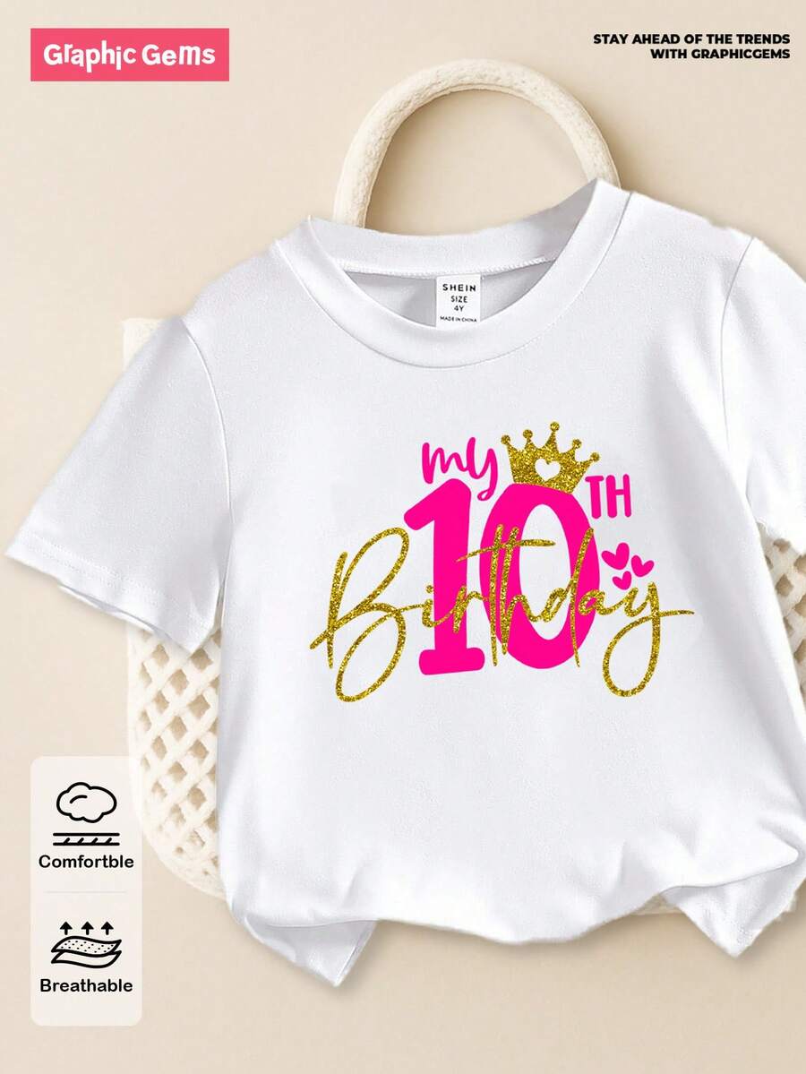 SHEIN GraphicGems Maglietta bianca girocollo a maniche corte per ragazze con stampa corona 3D con paillettes "Il Mio 10° Compleanno" - Bianco - Visualizzare 1
