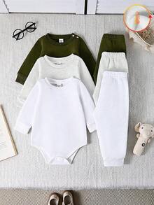 SHEIN Vintaside Kids 男婴纯色圆领长袖连体衣三件套，有黑色、白色和灰色可选，简约设计，宽松版型，适合不同体型。三件套包含一件连体衣上衣和三条无腰带长裤，适合多种场合：户外玩耍休闲自在；居家休闲舒适；运动灵活自如。 - 彩色 - 查看 3