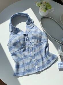 Comfortcana Women's Casual Plaid Backless Halter Thin Blazer Jacket, Summer - Blue - View 1