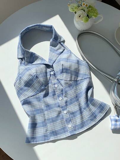 Comfortcana Women's Casual Plaid Backless Halter Thin Blazer Jacket, Summer