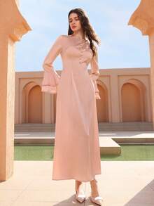 Graceveil 女士阿拉伯风格缎面荷叶边长袖收腰开衩裙 - 粉色 - 查看 6