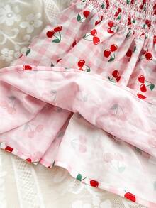 女婴可爱休闲粉色格子樱桃图案背带裙 - 粉色 - 查看 6