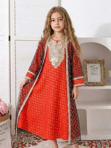 女童红色箔印长袖金色领子碎花连衣裙，黑色网纱罩衫，优雅服饰，春秋季装 - 紅色 - 查看 8