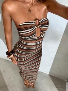 Aloruh 女士性感前环装饰针织提花修身金属条纹抹胸度假连衣裙 - 彩色 - 查看 3