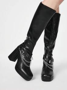 ROMWE Grunge Punk Giày bốt cao cổ nữ đế dày, có khóa điều chỉnh, trang trí dây xích, gót chunky, cao đến đầu gối. - màu đen - Xem 1