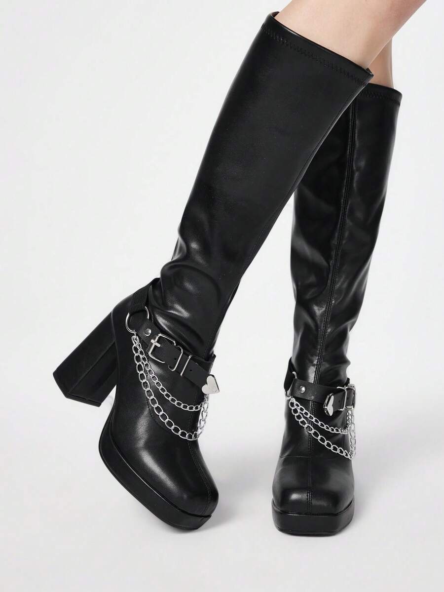 ROMWE Grunge Punk Giày bốt cao cổ nữ đế dày, có khóa điều chỉnh, trang trí dây xích, gót chunky, cao đến đầu gối. - màu đen - Xem 1