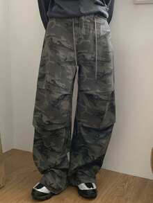 DAZY 女士抽绳腰带口袋迷彩休闲百搭阔腿裤 - 軍綠色 - 查看 7