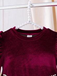 Baby Girls' Velvet Crew Neck Long Sleeve Beaded A-Line Dress, Burgundy, Suitable For New Year, Party, Christmas, Autumn/Winter - Burgundy - View 6