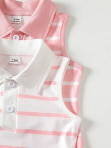 SHEIN Playful Pals 女童夏季条纹翻领无袖连衣裙 - 彩色 - 查看 4