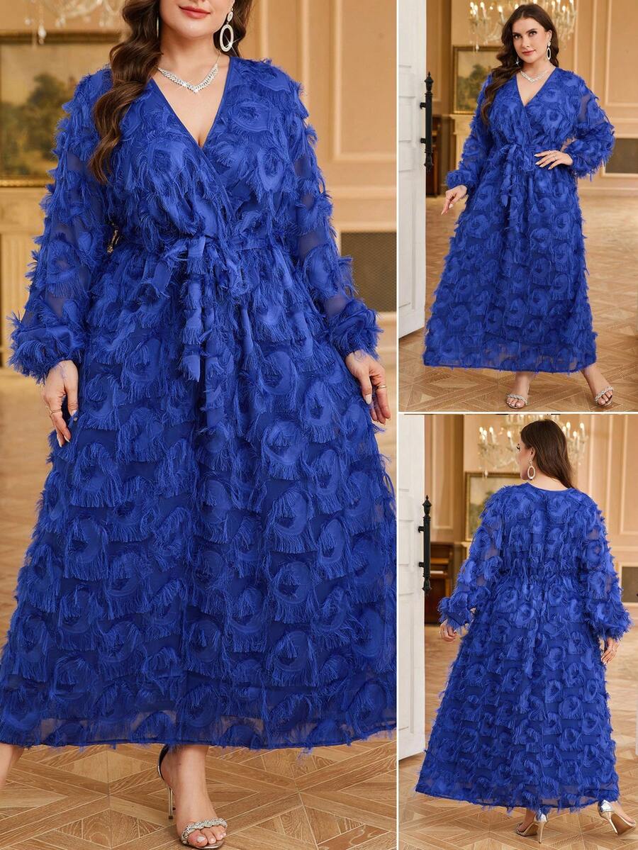 Reflora 大码女式V领交叉腰部打结流苏设计长袖连衣裙,时尚百搭,适合约会和派对 - 藏蓝色 - 查看 1