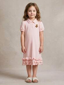 PrepCrw 女童荷叶边下摆 Polo 领泡泡袖连衣裙 - 粉色 - 查看 10