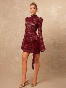 Lumalex Women's High Collar Lace Padded Shoulder Flare Sleeve Cinched Waist Ruched Flounce Hem Mini Dress ,Spring Dresses For Women,Elegant Dress - Burgundy - View 6