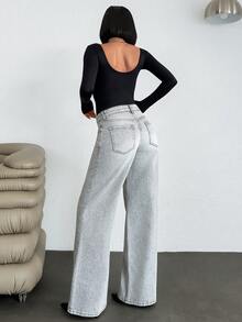 EURMUSE Women's Pocket Loose Wide Leg Casual Versatile Medium Wash Blue Jeans - Medium Wash - View 2