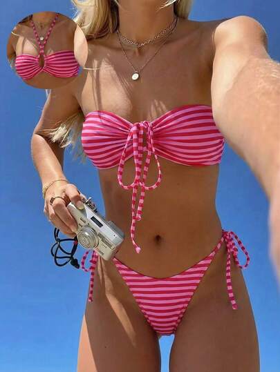 Swim Mod Women's Striped Tropical Print Two Pieces Bikini Set, Casual Resort Wear,Valentine Outfits For Women, Striped Bikini, Sexy Beach Outfits For Woman, Weddings & Events