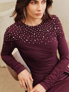 Anewsta Đầm xếp ly thanh lịch đính đá lấp lánh, thích hợp cho tiệc tùng, đám cưới, mùa xuân, mùa hè, những dịp trang trọng, ngày Valentine, lễ hội. - Màu đỏ tím - Xem 2