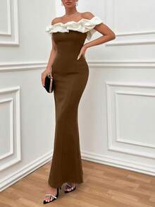 EURMUSE Vestido ajustado con hombros descubiertos y volantes en dos tonos, vestido elegante - Marrón - Ver 3